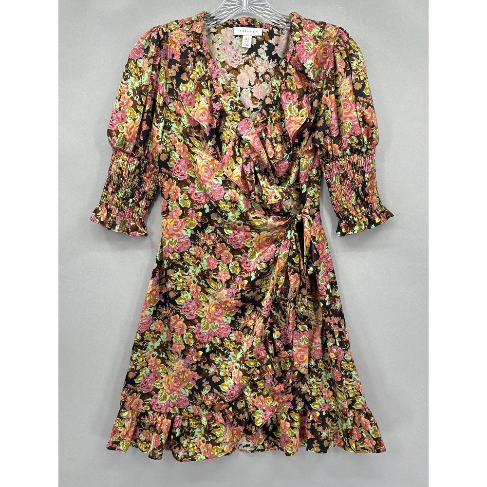 Topshop Dress Womens XS 2 Floral Wrap Puff Sleeve Ruffles Mini Black‎ Pink Green